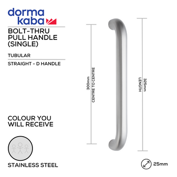 DORMAKABA Stainless Steel Pull Handle main product view for patio and sliding doors — strong stainless style, 25mm (Ø) x 325mm (l).