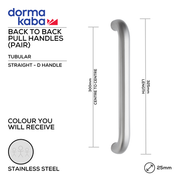 Main product view showing DORMAKABA Stainless Steel Pull Handle — tough stainless shine for patio and sliding doors, 25mm (Ø) x 325mm (l).