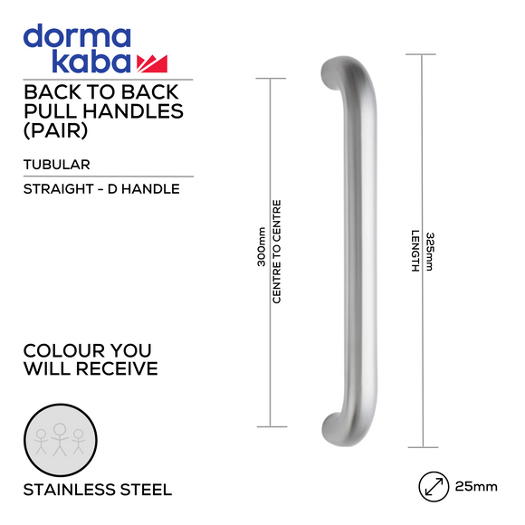 DPH 301A BTB, Pull Handle, Tubular, Straight, D Handle, BTB, 25mm (Ø) x 325mm (l) x 300mm (ctc), Stainless Steel, DORMAKABA
