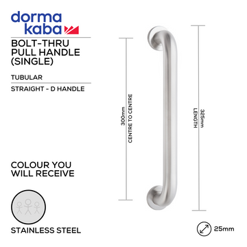 DORMAKABA Stainless Steel Pull Handle shown in main product view, giving patio and sliding doors clean stainless confidence, 25mm (Ø) x 325mm (l).