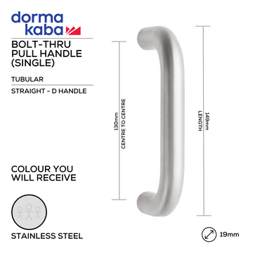 DORMAKABA Stainless Steel Pull Handle main product view for patio and sliding doors — strong stainless style, 19mm (Ø) x 149mm (l).