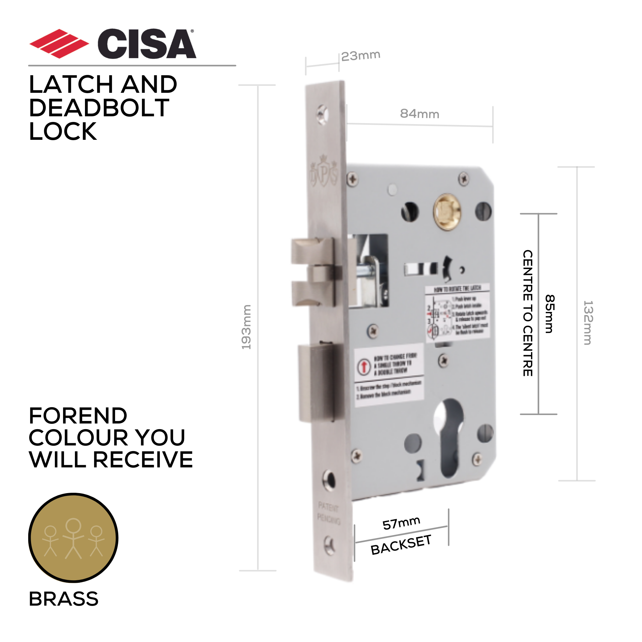 DPS85-57-BP, Latch Lock, 57mm (backset), Brass, CISA