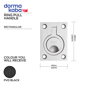 Main product view showing DORMAKABA Black Pull Handle — dark, sleek, and ready to stand out for patio and sliding doors, 44mm (l) x 64mm (w).