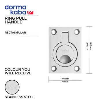 Main product view of DORMAKABA Stainless Steel Pull Handle, made for patio and sliding doors with tough stainless shine, 62mm (l) x 44mm (w).