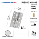 DRR-SS-012 (R) , Rising Butt Hinge, Right Hand, 2 x Hinges (1 Pair), Max Door Weight: 50kg, 102mm (h) x 75mm (w) x 3mm (t), Stainless Steel, DORMAKABA-1