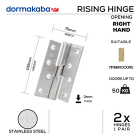 DRR-SS-012 (R) , Rising Butt Hinge, Right Hand, 2 x Hinges (1 Pair), Max Door Weight: 50kg, 102mm (h) x 75mm (w) x 3mm (t), Stainless Steel, DORMAKABA