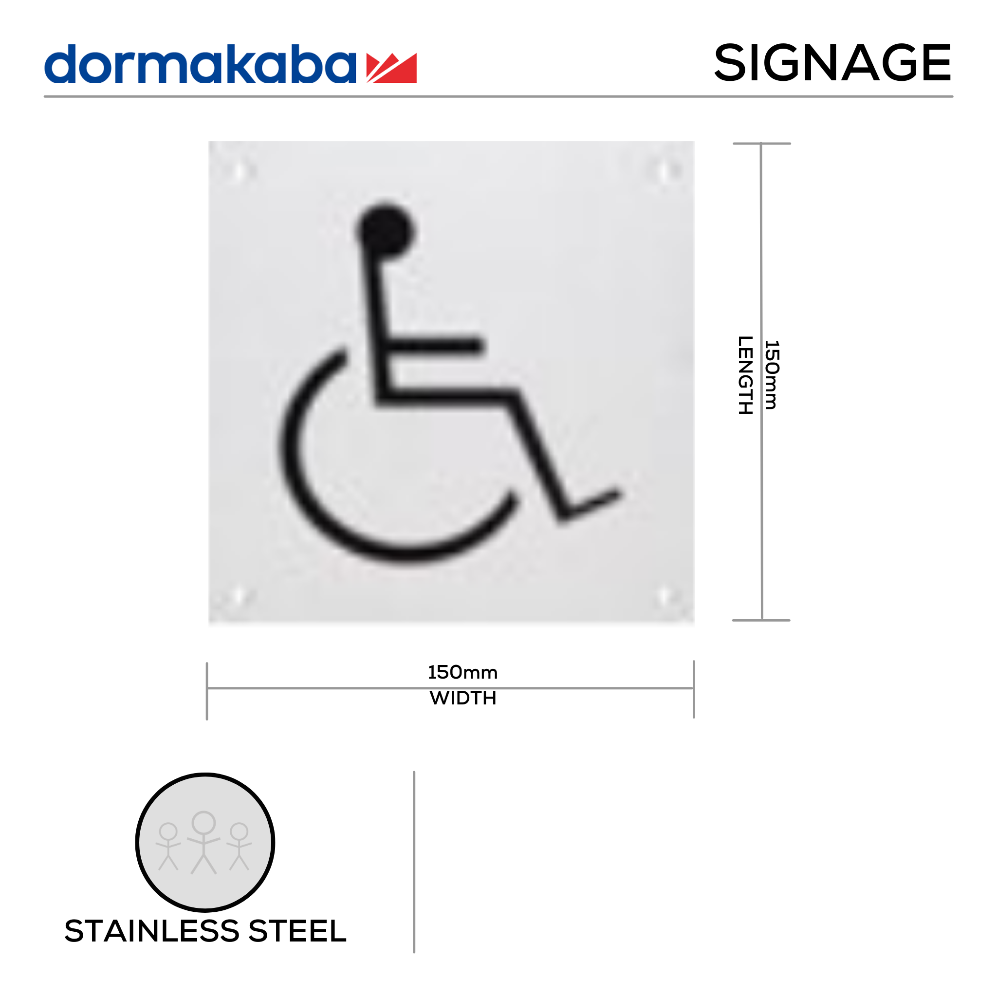 DSS-133, Door Signage, Disabled , 150mm (l), 150mm (w), 1,2mm (t), Stainless Steel, DORMAKABA