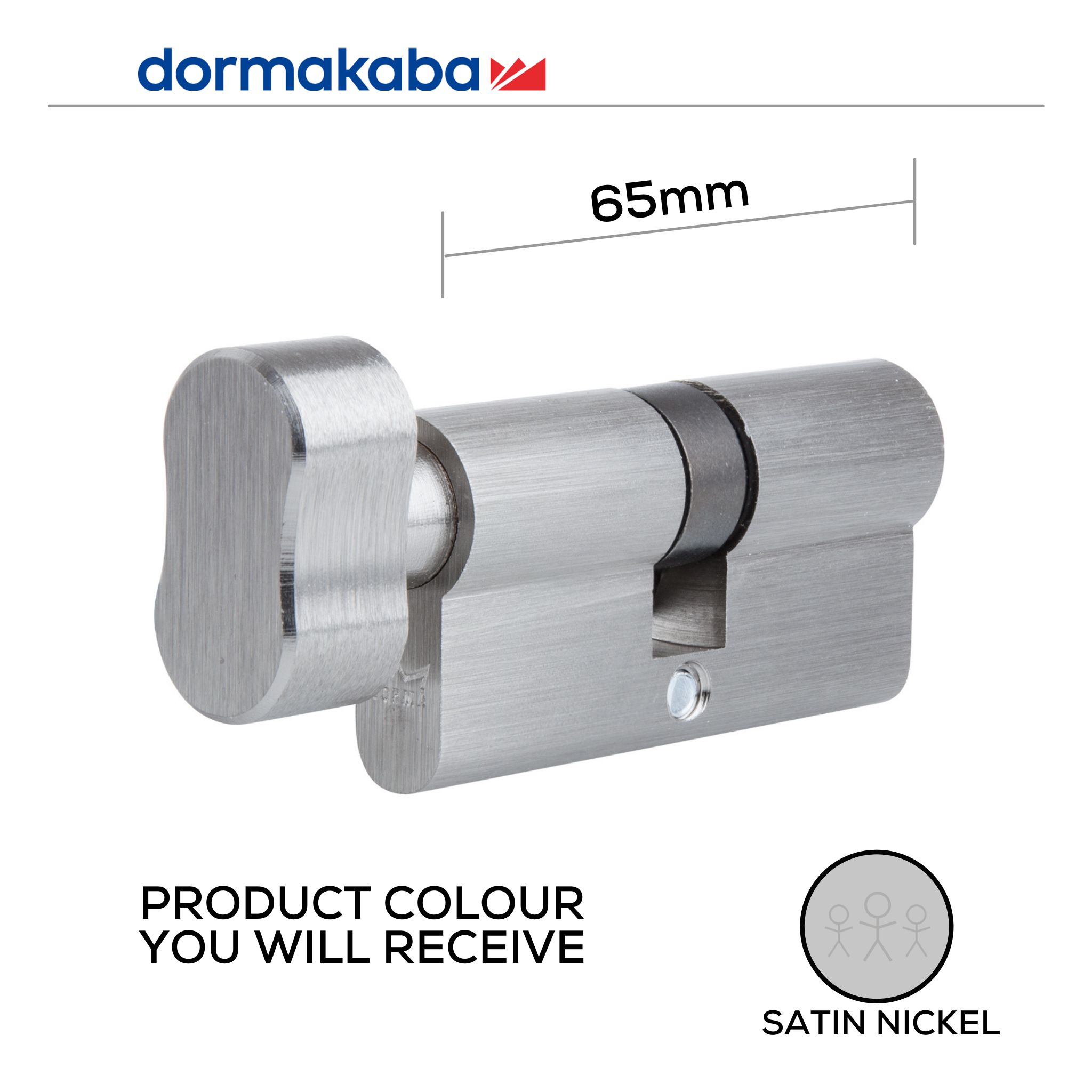 DKC056501 KD, 65mm - 33/33, Double Cylinder, Thumbturn to Key, Keyed to Differ (Standard), 2 Keys, 5 Pin, Satin Nickel, DORMAKABA