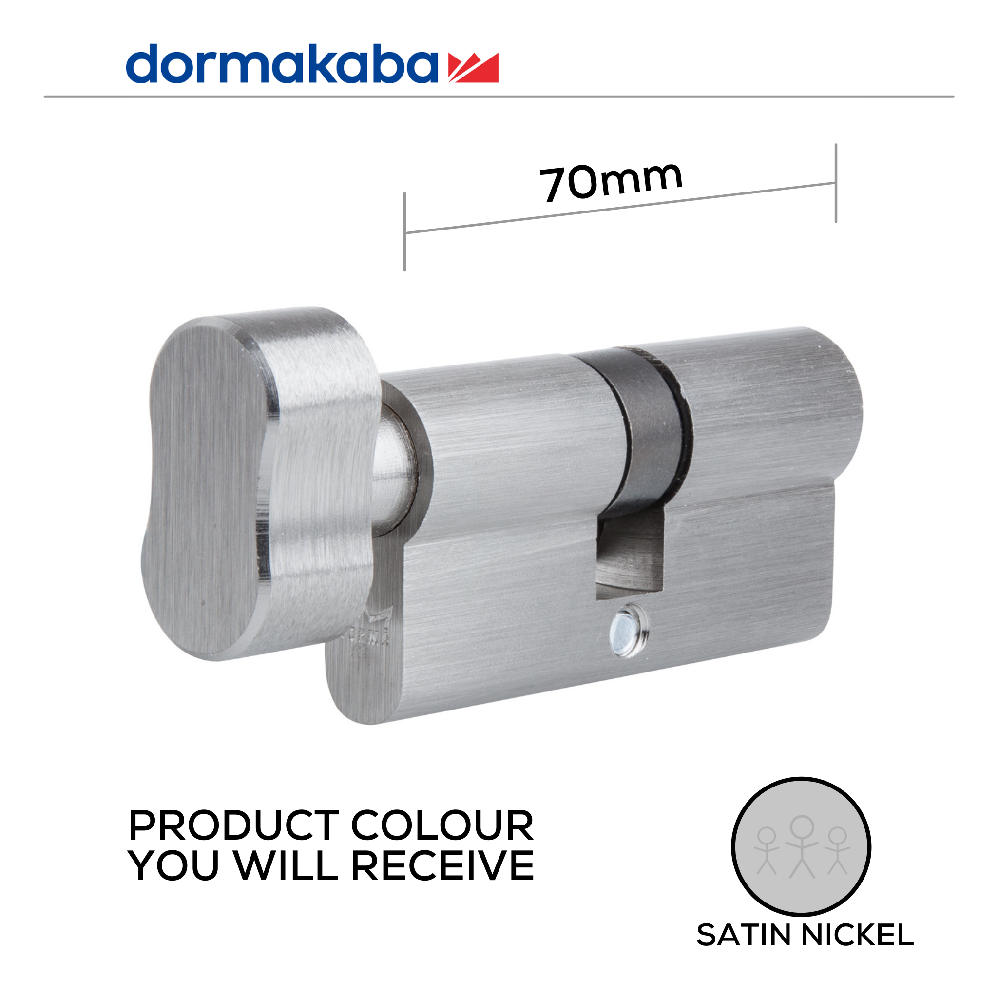 DKC057001 KD, 70mm - 35/35, Knob Cylinder, Thumbturn to Key, Keyed to Differ (Standard), 2 Keys, 5 Pin, Satin Nickel, DORMAKABA