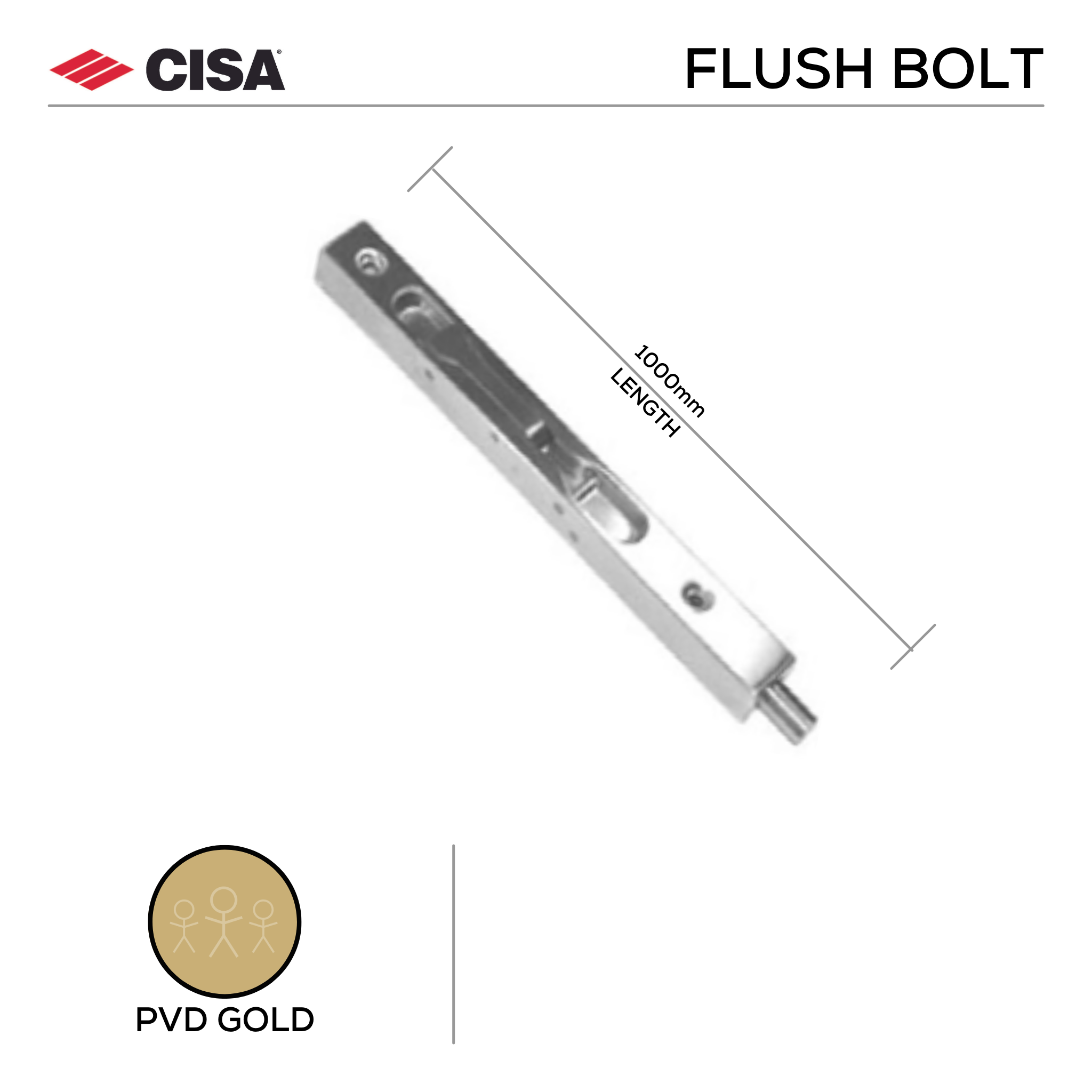 FBB1000.GD, Flush Bolt, Box Type, 1000mm (l) x 19mm (w), Gold PVD, CISA