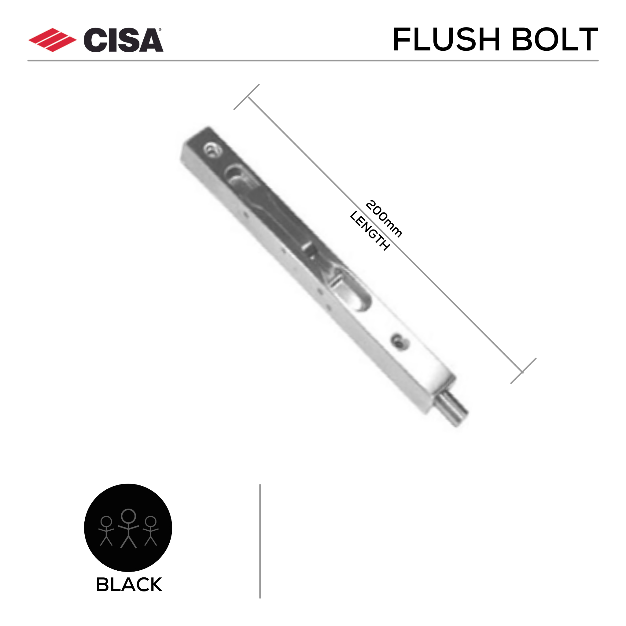 FBB200.BL, Flush Bolt, Box Type, 200mm (l) x 19mm (w), Black, CISA