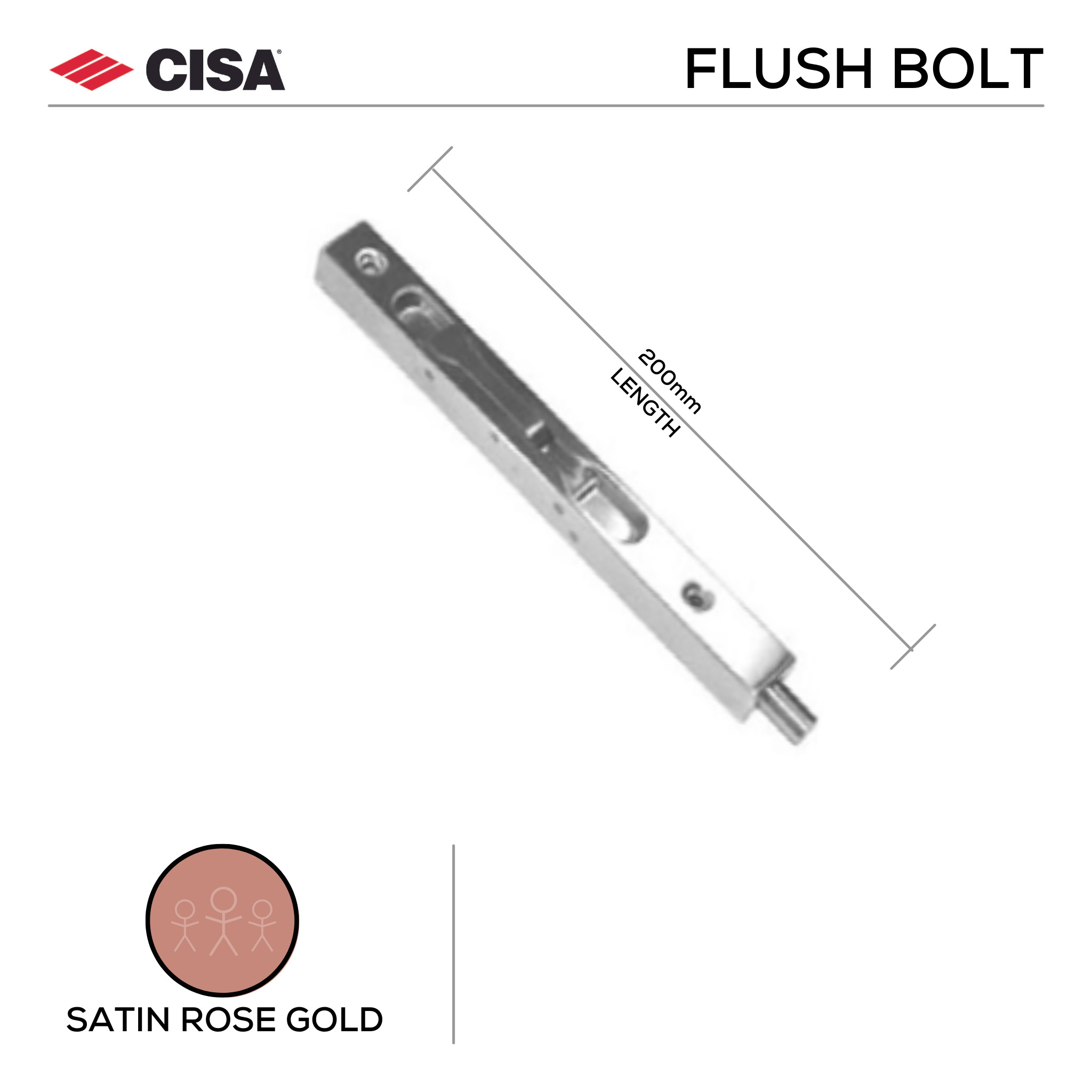 FBB200.SRG, Flush Bolt, Box Type, 200mm (l) x 19mm (w), Satin Rose Gold, CISA