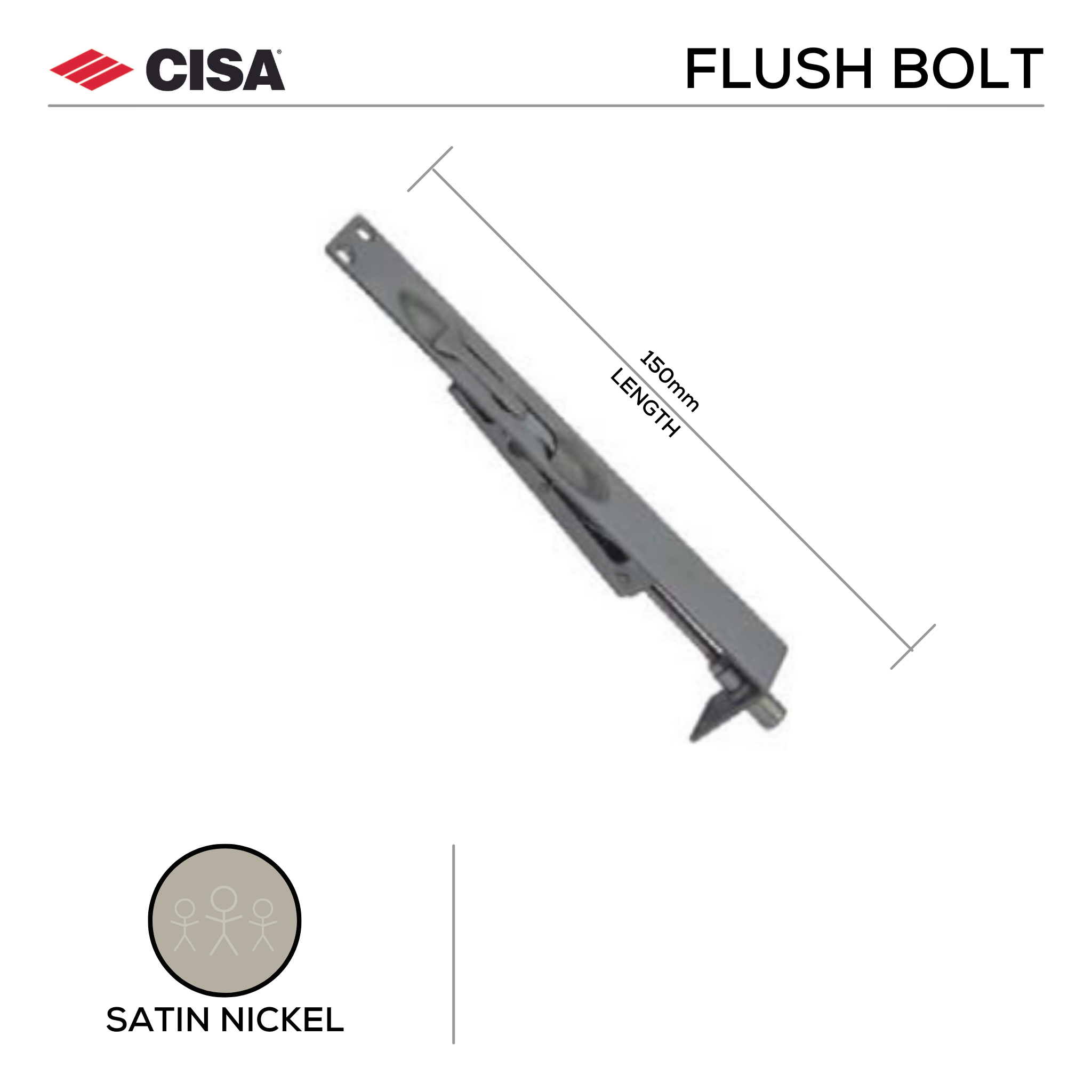 FBM150.SS, Flush Bolt, Mortice Type, 150mm (l) x 25mm (w), Satin Nickel, CISA