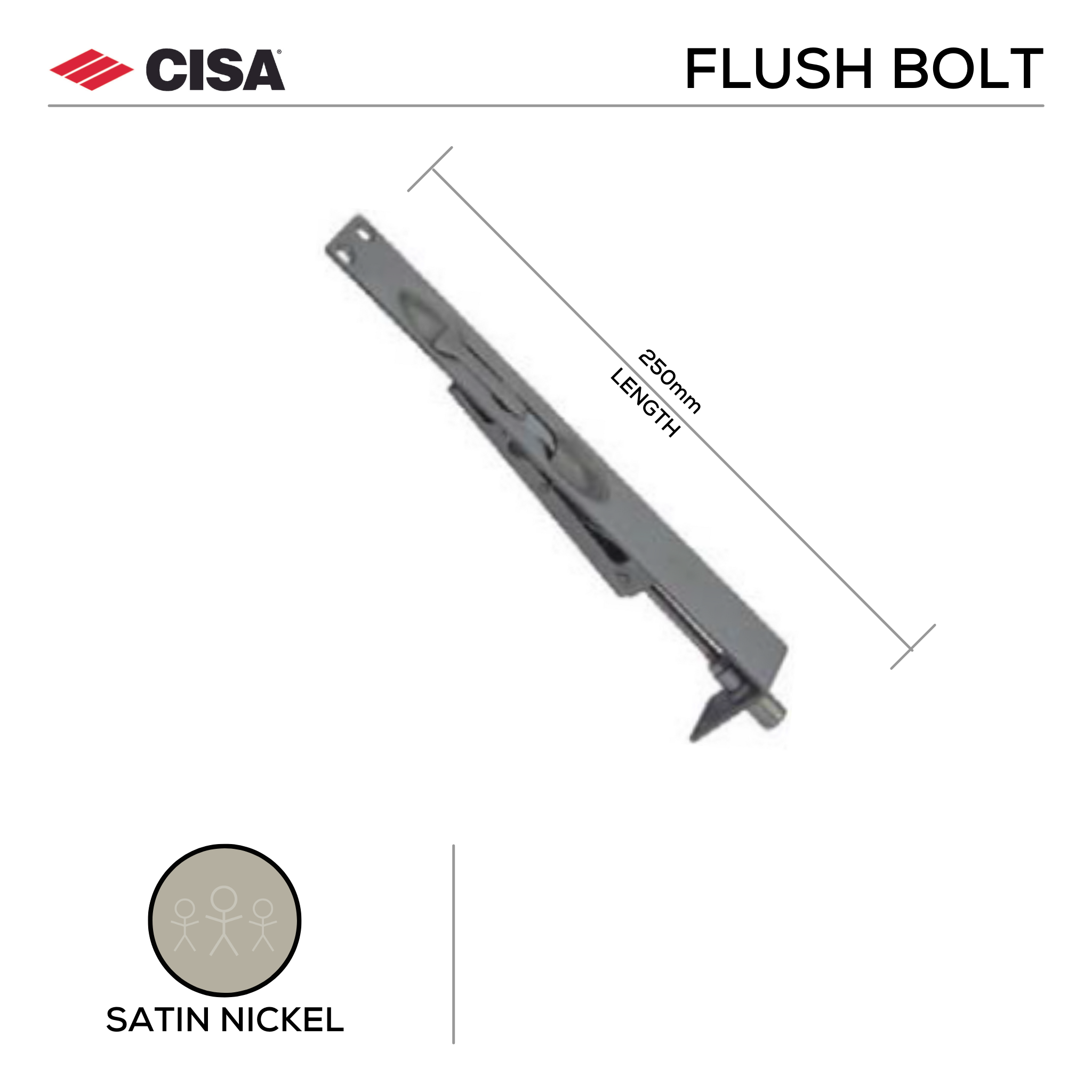 FBM250.SS, Flush Bolt, Mortice Type, 250mm (l) x 25mm (w), Satin Nickel, CISA
