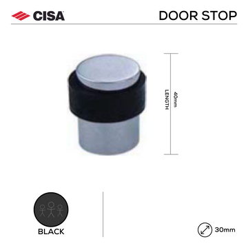 Main product view of CISA Black Door Stop, made for doors with dark, sleek, and ready to stand out, 40mm (l) x 30mm (Ø).