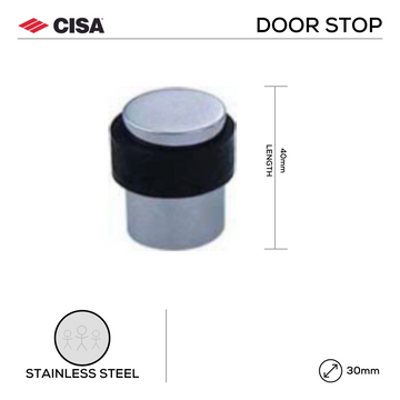 CISA Stainless Steel Door Stop for doors, main product view with strong stainless style, 40mm (l) x 30mm (Ø).