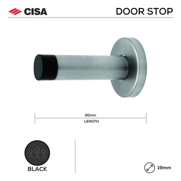 Main product view of CISA Black Door Stop, made for doors with dark, sleek, and ready to stand out, 90mm (l) x 19mm (Ø).