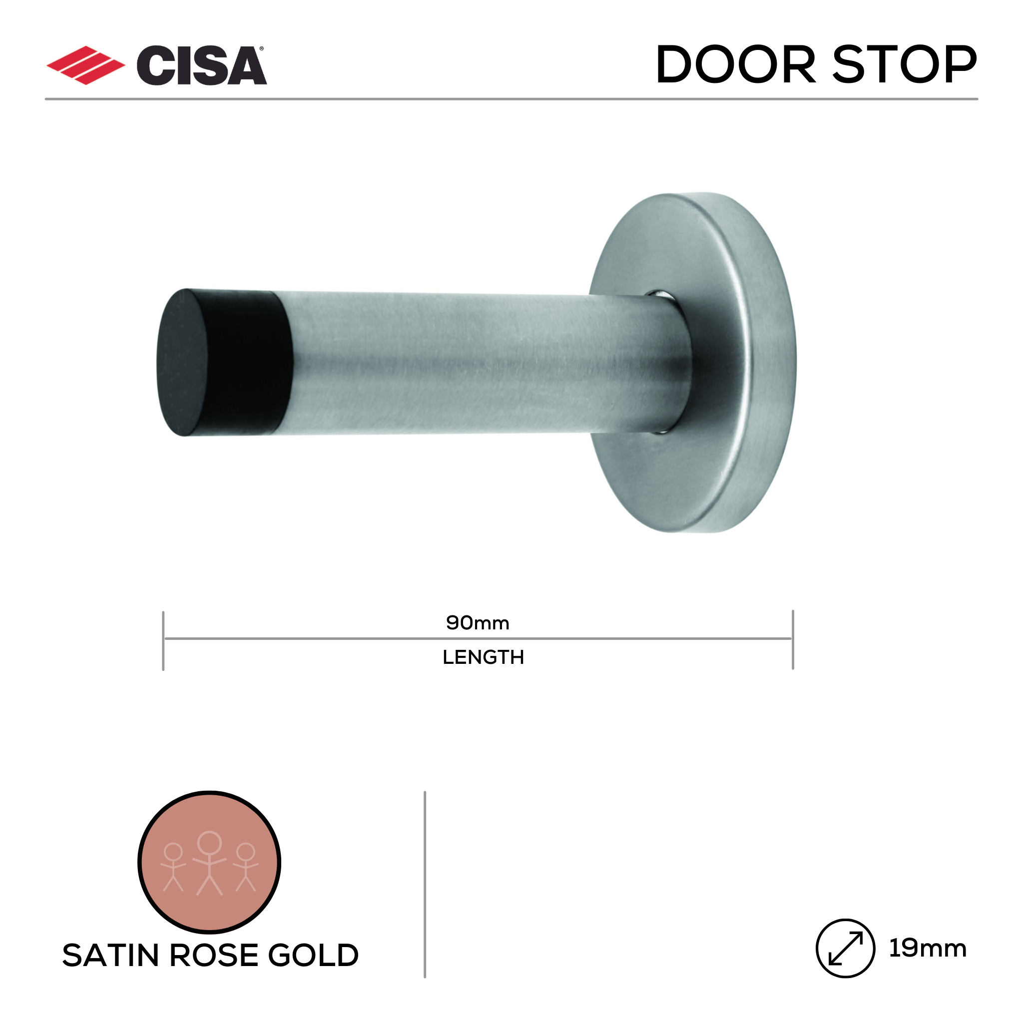 FDS02.SRG, Door Stop, Wall Mounted, Round, 90mm (l) x 19mm (Ø), Satin Rose Gold, CISA