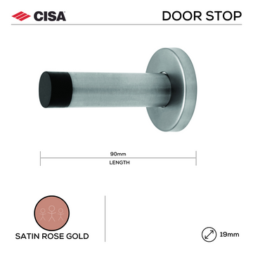 CISA Satin Rose Gold Door Stop main product view; solid gear with a sharp finish for a better door setup, 90mm (l) x 19mm (Ø).