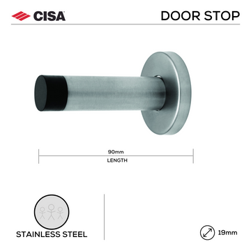 Main product view of CISA Stainless Steel Door Stop, made for doors with tough stainless shine, 90mm (l) x 19mm (Ø).