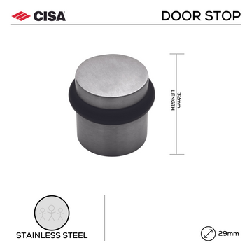 CISA Stainless Steel Door Stop for doors, main product view with strong stainless style, 32mm (l) x 29mm (Ø).