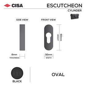 FE.O.C.MBL, Cylinder Escutcheon, Oval Rose, 60mm (h) x 32mm (w) x 6mm (t), Matt Black, CISA