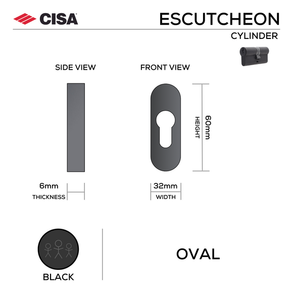 FE.O.C.MBL, Cylinder Escutcheon, Oval Rose, 60mm (h) x 32mm (w) x 6mm (t), Matt Black, CISA