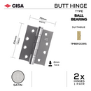 FH76X2B, Butt Hinge, Double Ball Bearing, 2 x Hinges (1 Pair), 100mm (h) x 76mm (w) x 2mm (t), Satin, CISA-1