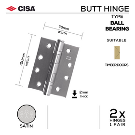 FH76X2B, Butt Hinge, Double Ball Bearing, 2 x Hinges (1 Pair), 100mm (h) x 76mm (w) x 2mm (t), Satin, CISA