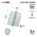 FH76X2FR, Falling Hinge, Lift Off, Right Hand, 2 x Hinges (1 Pair), 100mm (h) x 76mm (w) x 2mm (t), Satin, CISA-1