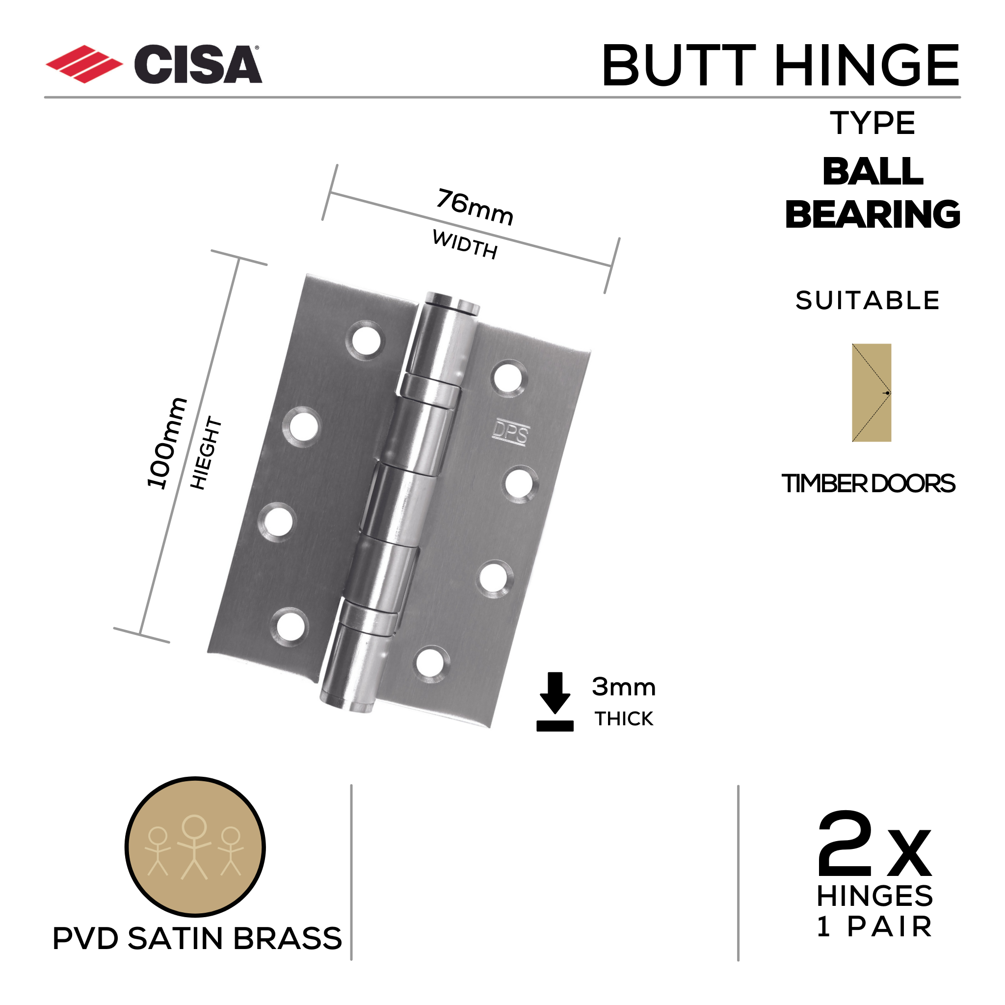 FH76X3B-BR, Butt Hinge, Double Ball Bearing, 2 x Hinges (1 Pair), 100mm (h) x 76mm (w) x 3mm (t), PVD Satin Brass, CISA