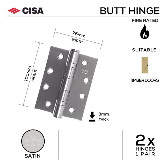 FH76X3B-EN, Butt Hinge, Double Ball Bearing, 2 x Hinges (1 Pair), EN GRADE 13: FIRE RATED: CE MARK Satin, 100mm (h) x 76mm (w) x 3mm (t), Satin, CISA