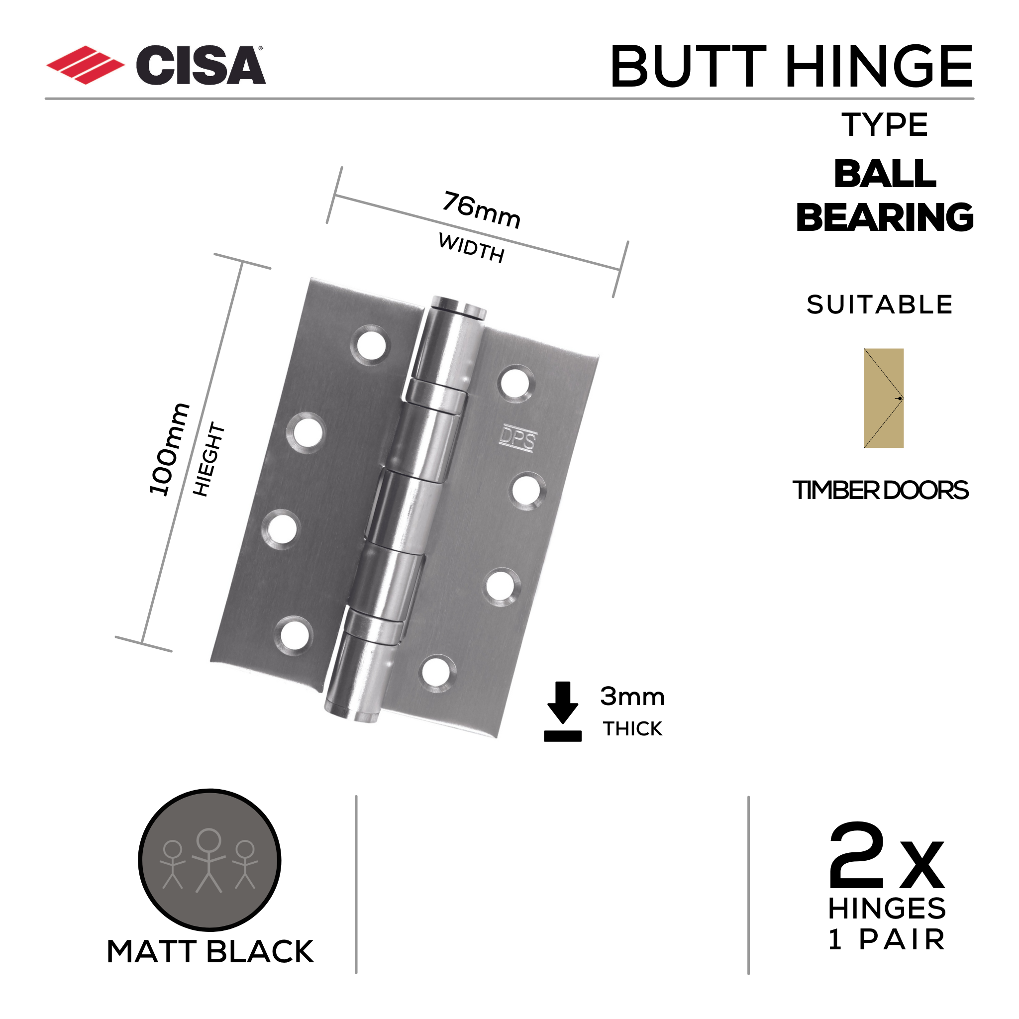 FH76X3B-MBL, Butt Hinge, Double Ball Bearing, 2 x Hinges (1 Pair), 100mm (h) x 76mm (w) x 3mm (t), Matt Black, CISA