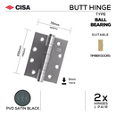 FH76X3B-SBL, Butt Hinge, Double Ball Bearing, 2 x Hinges (1 Pair), 100mm (h) x 76mm (w) x 3mm (t), PVD Satin Black, CISA-1