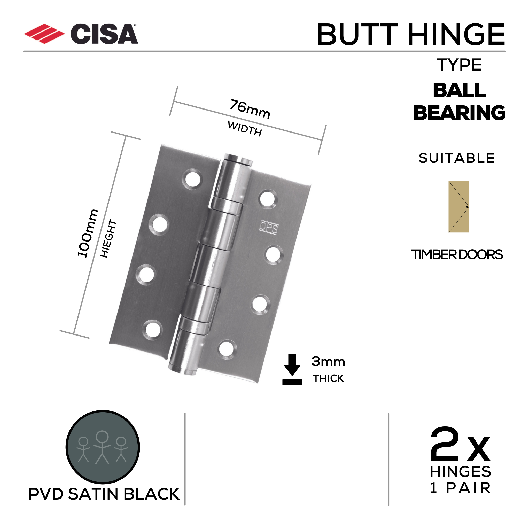 FH76X3B-SBL, Butt Hinge, Double Ball Bearing, 2 x Hinges (1 Pair), 100mm (h) x 76mm (w) x 3mm (t), PVD Satin Black, CISA