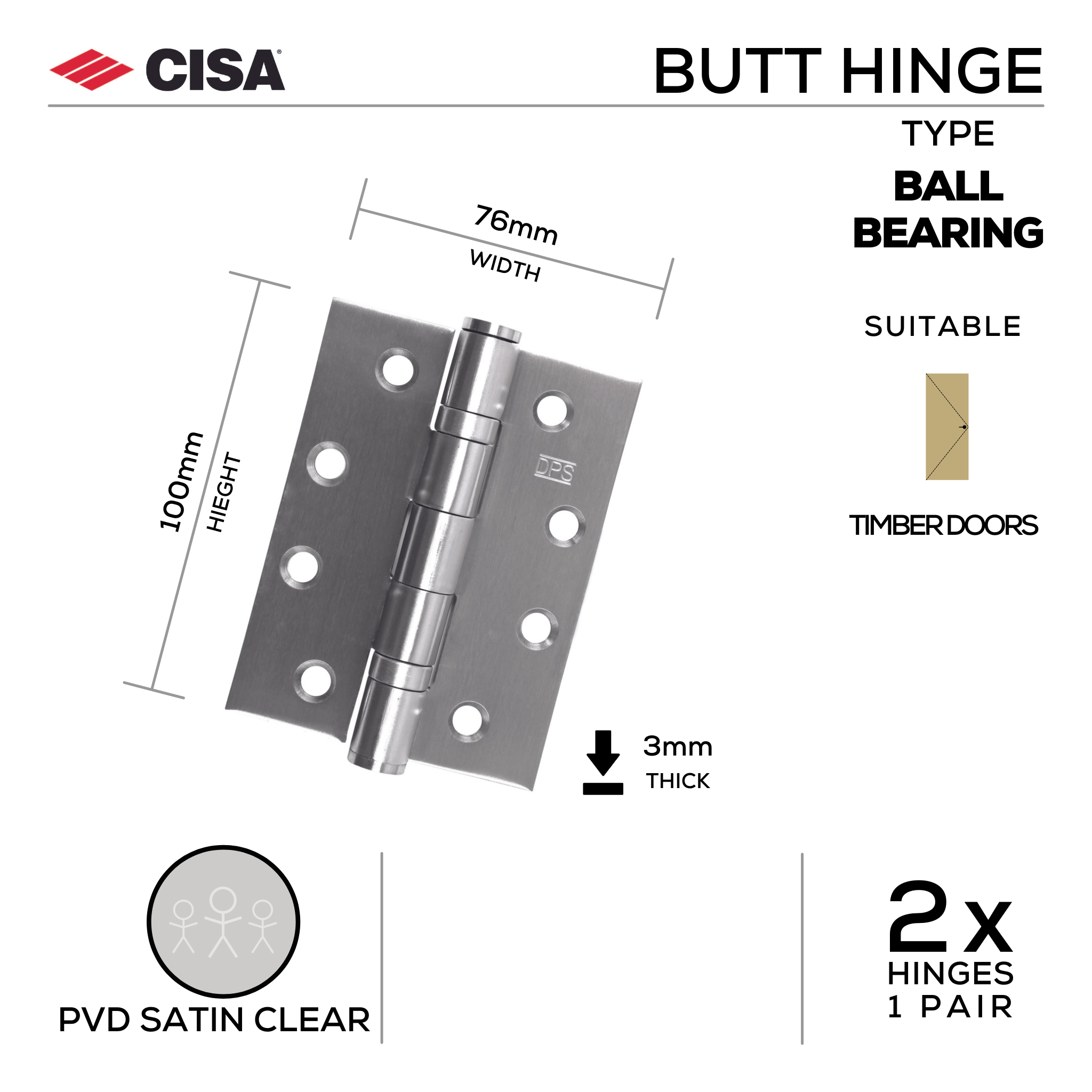 FH76X3B-TR, Butt Hinge, Double Ball Bearing, 2 x Hinges (1 Pair), 100mm (h) x 76mm (w) x 3mm (t), PVD Satin Clear, CISA