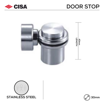 Main product view of CISA Stainless Steel Door Stop, made for doors with tough stainless shine, 43mm (l) x 30mm (Ø).