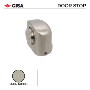 CISA Satin Nickel Door Stop for doors, main product view with clean, clever, and ready to work, 38mm (l) x 45mm (w).