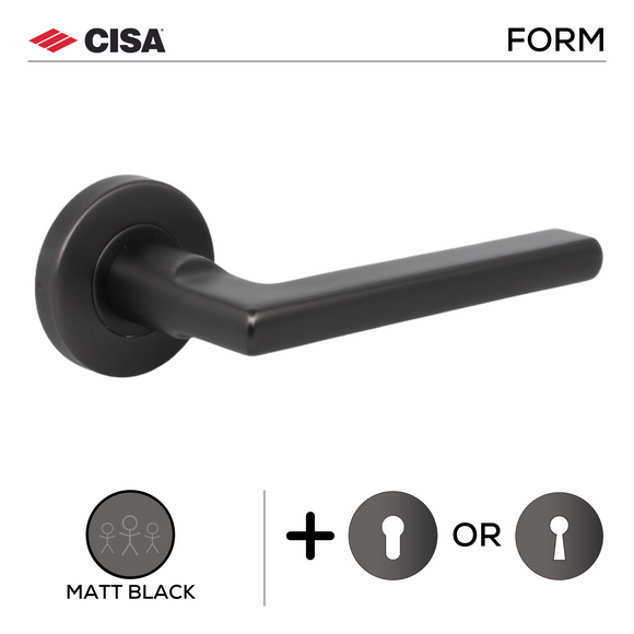 FS106.R._.MBL, Lever Handles, Form, On Round Rose, With Escutcheons, 134mm (l), Matt Black, CISA