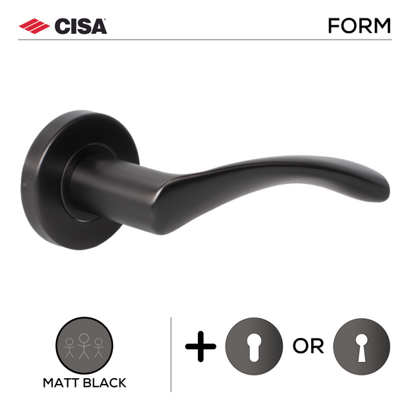 FS107.R._.MBL, Lever Handles, Form, On Round Rose, With Escutcheons, Matt Black, CISA