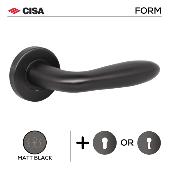FS112.R._.MBL, Lever Handles, Form, On Round Rose, With Escutcheons, Matt Black, CISA