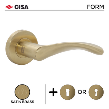 Main product view of CISA Satin Brass Lever Handle, made for patio and sliding doors with solid brass style.