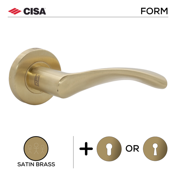 FS107.R._.SB, Lever Handles, Form, On Round Rose, With Escutcheons, Satin Brass, CISA