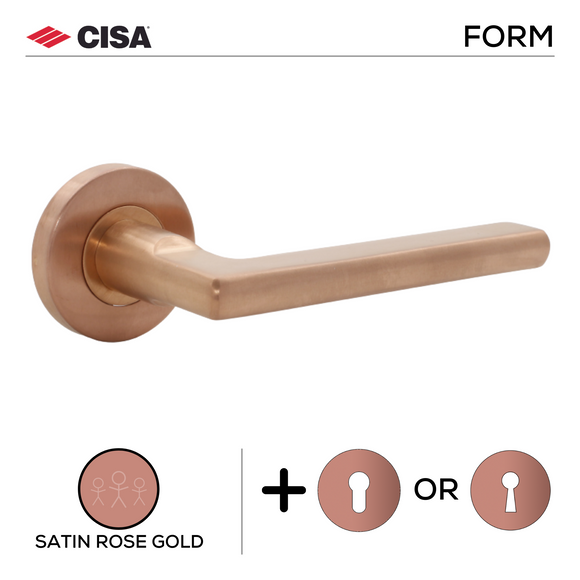 FS106.R._.SRG, Lever Handles, Form, On Round Rose, With Escutcheons, 134mm (l), Satin Rose Gold, CISA