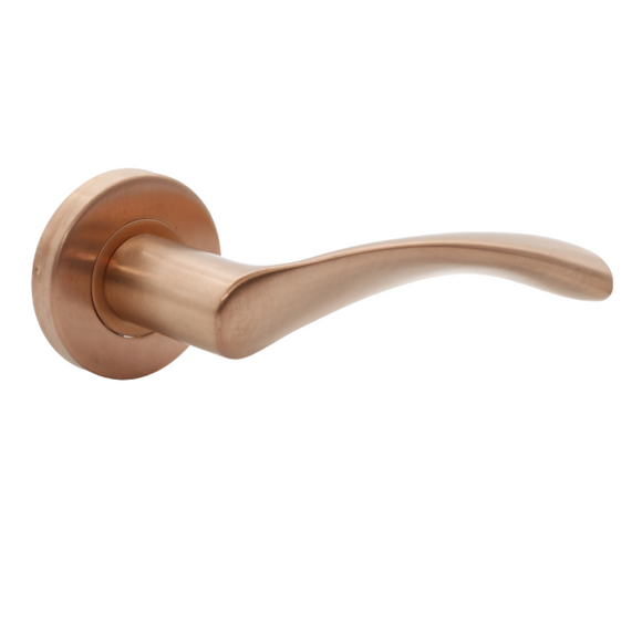 FS107.R._.SRG, Lever Handles, Form, On Round Rose, With Escutcheons, Satin Rose Gold, CISA
