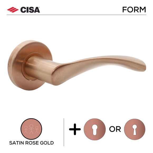 FS107.R._.SRG, Lever Handles, Form, On Round Rose, With Escutcheons, Satin Rose Gold, CISA