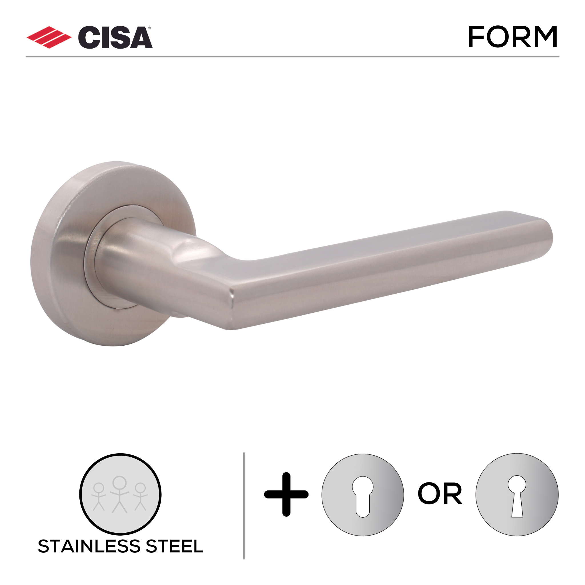 FS106.R._.SS, Lever Handles, Form, On Round Rose, With Escutcheons, 134mm (l), Stainless Steel, CISA