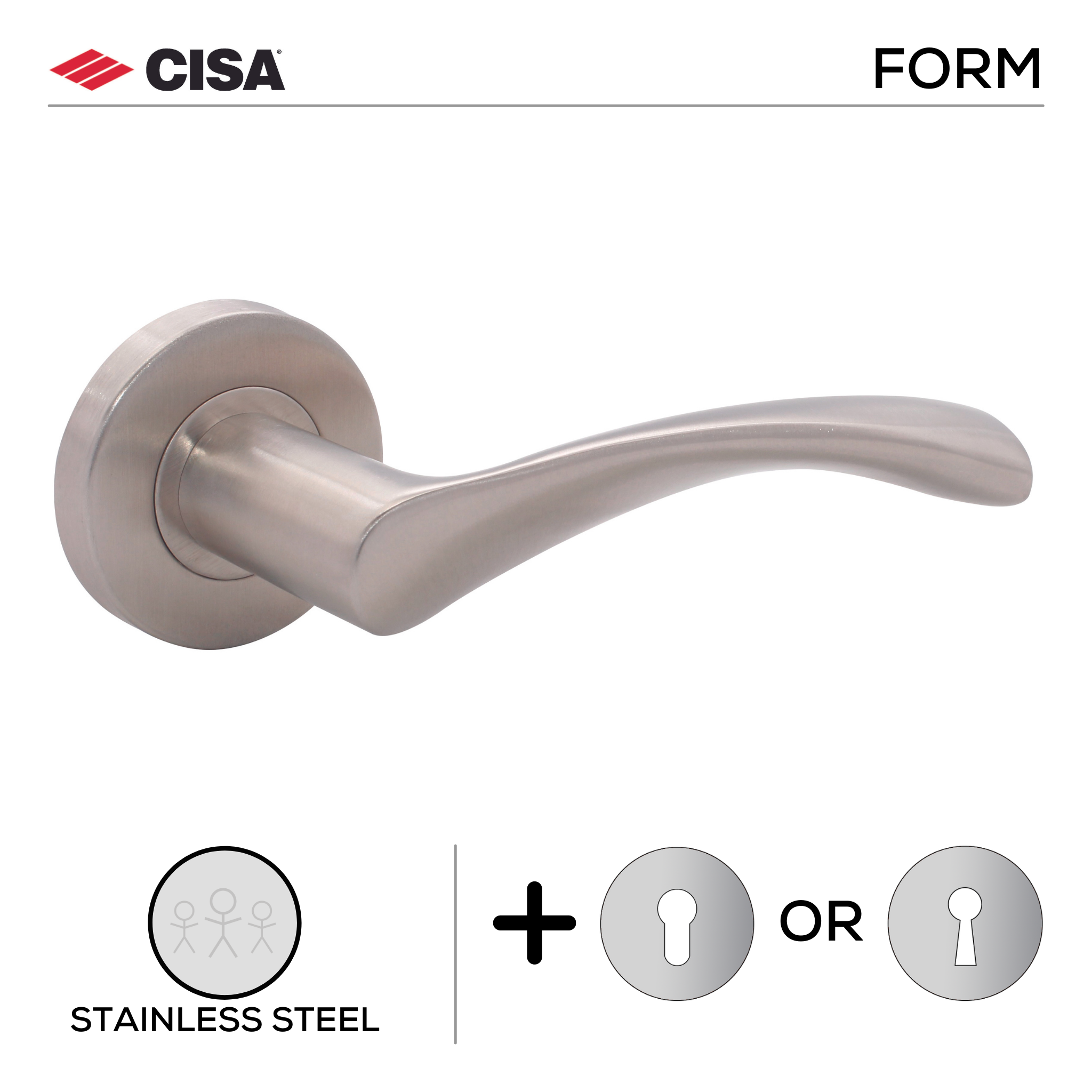 FS107.R._.SS, Lever Handles, Form, On Round Rose, With Escutcheons, Stainless Steel, CISA