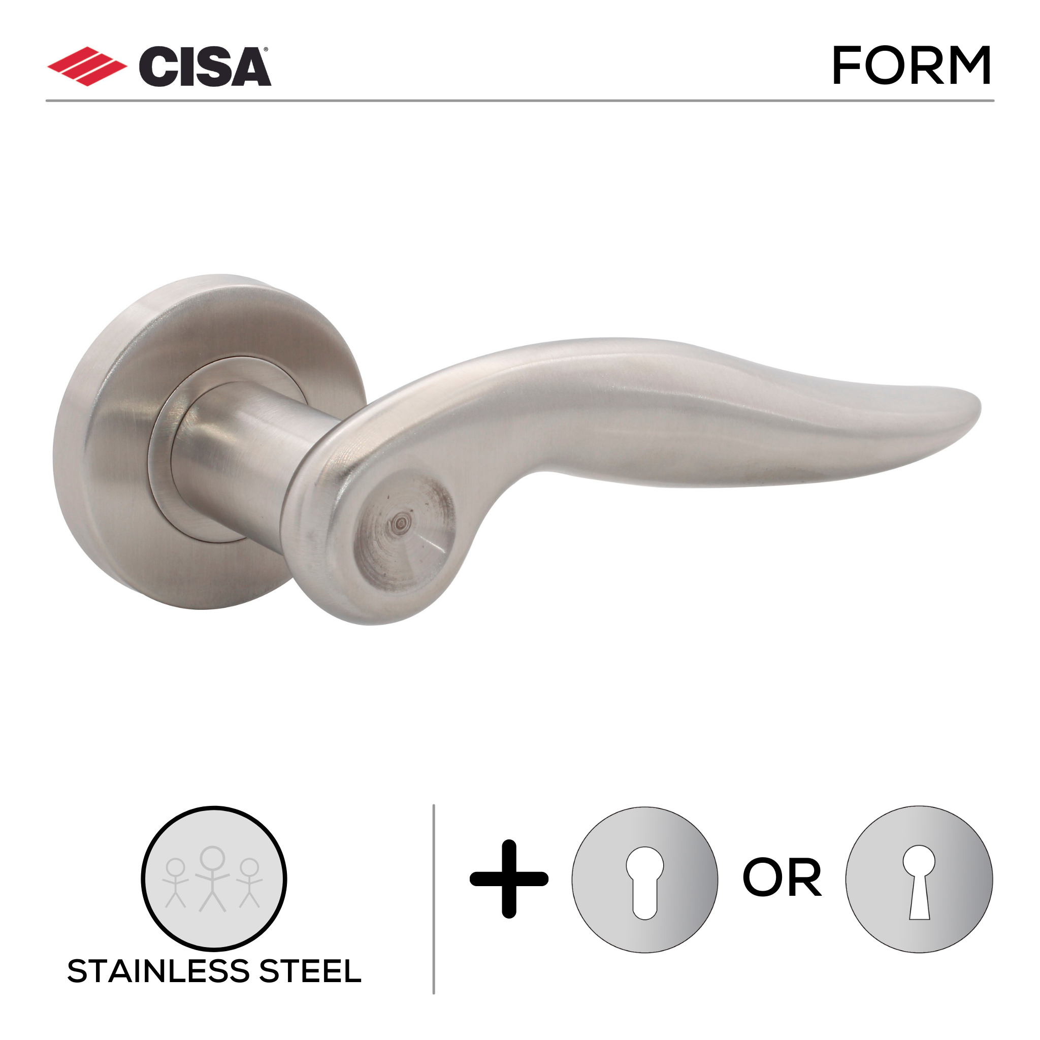 FS110.R._.SS, Lever Handles, Form, On Round Rose, With Escutcheons, Stainless Steel, CISA