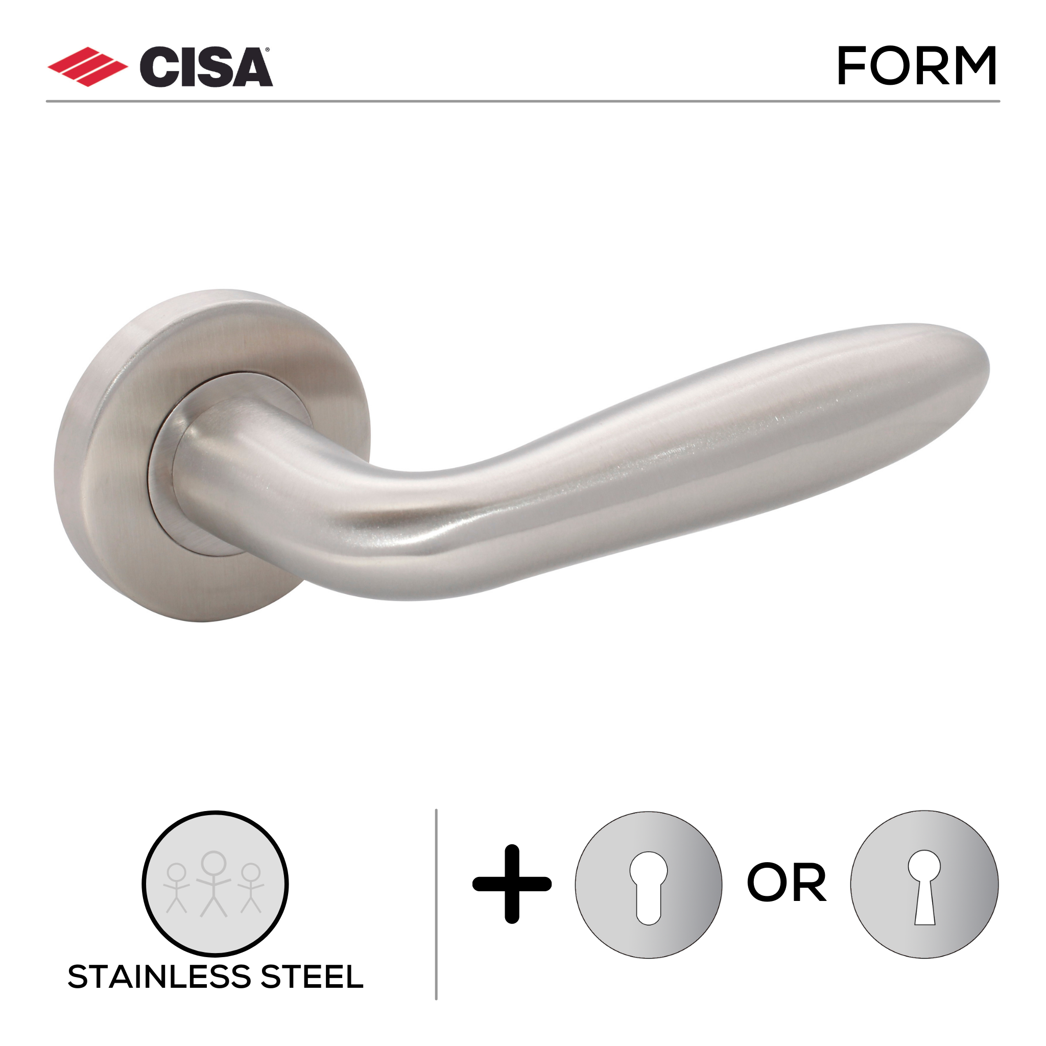 FS112.R._.SS, Lever Handles, Form, On Round Rose, With Escutcheons, Stainless Steel, CISA